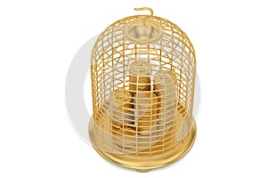 Gold coin stacks with bird cage isolated on white background 3D illustration