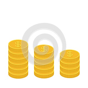 Gold coin stacks icon in shape of diagram. Dollar sign symbol. Cash money.