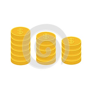 Gold coin stacks icon in shape of diagram. Dollar sign symbol. Cash money. Growing business concept. Going down graph. Income and