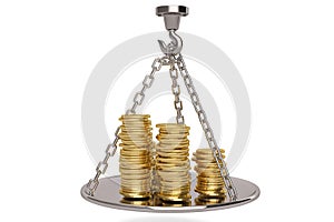 Gold coin stacks on suspending weighing dish.3D illustration.