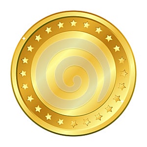 Gold coin with stars. Vector illustration isolated on white background. Editable elements and glare.