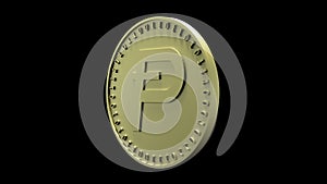 Gold coin with the symbol of Potcoin digital crypto currency and binary code rotates on the edge, isolated on a black background,