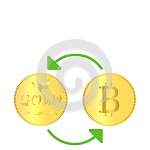 Gold coin to bitcoin converting graph isolated on white background