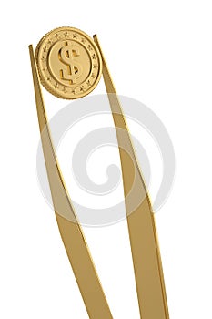 Gold coin and tweezers money concept  isolated on white background. 3D illustration