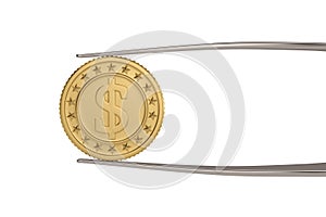 Gold coin and tweezers money concept  isolated on white background. 3D illustration