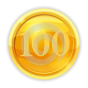 Gold coin, value 100, vector, illustration, cartoon style, isolated