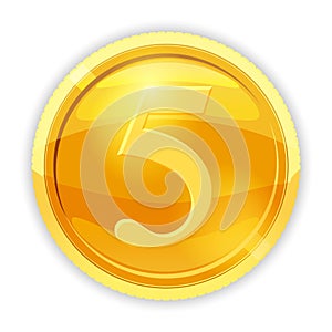 Gold coin, value 5, vector, illustration, cartoon style, isolated photo