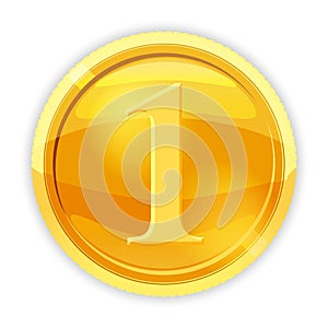 Gold coin, value 1, vector, illustration, cartoon style, isolated photo