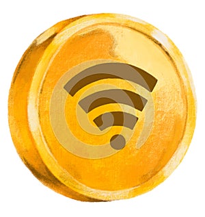 Gold coin with wifi ymbol currency hand drawn illustration
