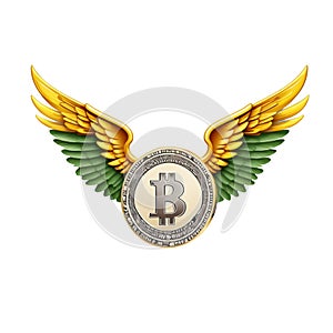 Gold coin with wings and bitcoin on a white background Ai generative