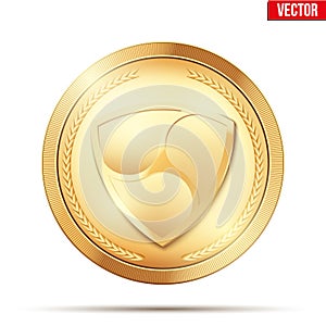 Gold coin with XEM cryptocurrency sign.