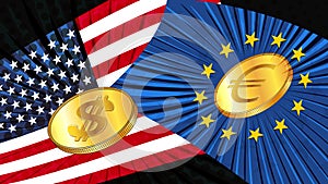 Gold coins of american dollar USD and Euro EUR with colored national flags of America and Europe. Exchange rates are almost equal
