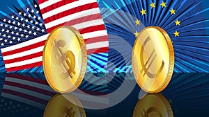 Gold coins of American dollar USD and Euro EUR on mirrored floor with colored flags of America and Europe. Exchange rates are