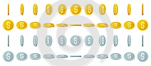 Gold coins animation. Spin gold and silver coins, shiny gambling coins rotation for game interface vector illustration