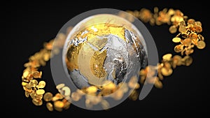 Gold coins around metallic earth globe. 3d illustration