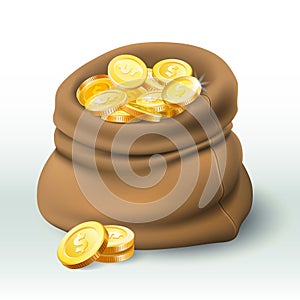 Gold coins bag. Golden coin wealth, big cash sack and money bonus 3D realistic vector illustration