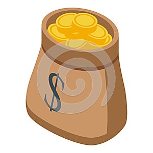 Gold coins bag icon, isometric style