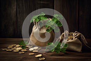 gold coins in a bag with plants on top, wood, green and gold. ai generative