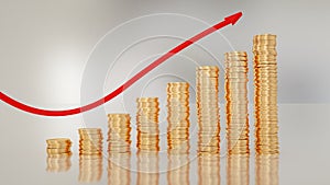 Gold coins bar graph with red arrow on white. Grow, chart, business concept. 3d rendering.