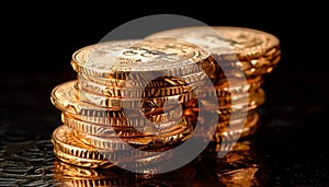 Gold coins on black background,realistic photography, AI generated