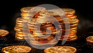 Gold coins on black background,realistic photography, AI generated