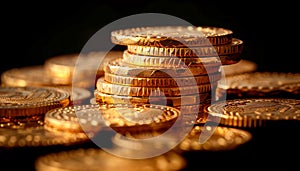 Gold coins on black background,realistic photography, AI generated