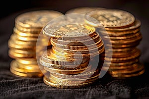 Gold coins on black background,realistic photography, AI generated