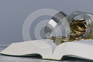 Gold coins on book. Finance and education concept. Copy space for text or logo
