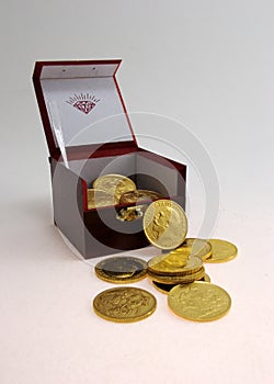 Gold coins and the box.