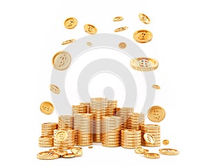 Gold coins cash money dollar in piles, Isolated on white background