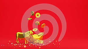 Gold coins and Chinese gold ingot on red background , 3D Rendering