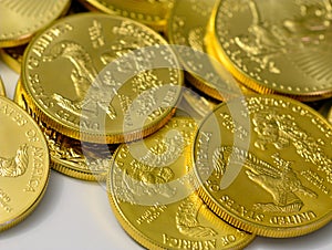 Gold coins closeup view together