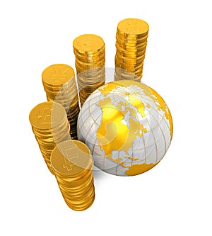 Gold Coins Currency Around a Globe