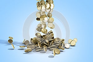 Gold coins with dollar sign fall on graund 3d illustration on a blue background