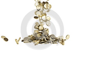 Gold coins with dollar sign fall on graund 3d illustration on a white background no shadow