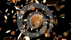 Gold coins with dollar symbol on a transparent background. 3d animation with alpha channel background. Stock market