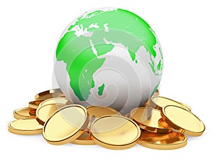 Gold coins and Earth on white background