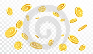 Gold coins explosion banner, isolated on transparent background