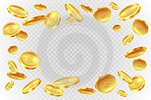 Gold coins explosion. Realistic flying golden coin. Monetary fall cash, prize game splash money jackpot lotto casino