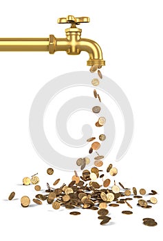 Gold coins fall out of the golden tap.