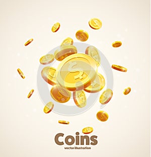 Gold coins falling 3d realistic vector coin icon with shadows is