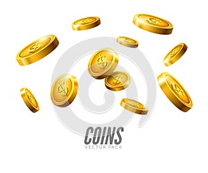 Gold coins falling. 3d realistic vector coin isolated on white. Money cash background