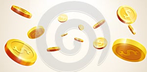 Gold coins falling 3d realistic vector coin icon with shadows is