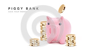 Gold coins fly around the piggy bank isolated on white background. Symbol of profit and growth. Stability and security of money