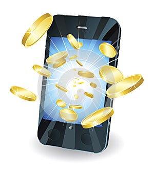 Gold coins flying out of smart mobile phone