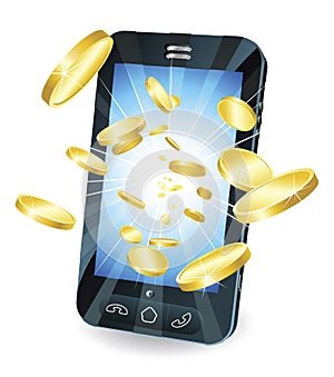 Gold coins flying out of smart mobile phone