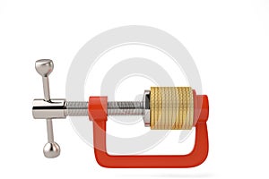 Gold coins in G clamp on white background 3D illustration