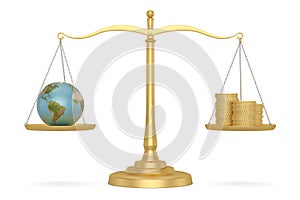 Gold coins and globe on libra over white background. 3D illustration