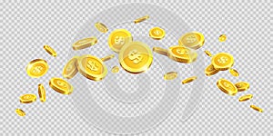 Gold coins or golden money coin splash splatter on vector transparent background