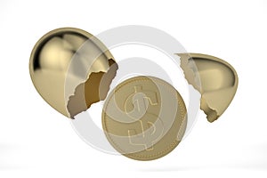 Gold coins hatched from golden egg, 3D rendering. 3D illustration